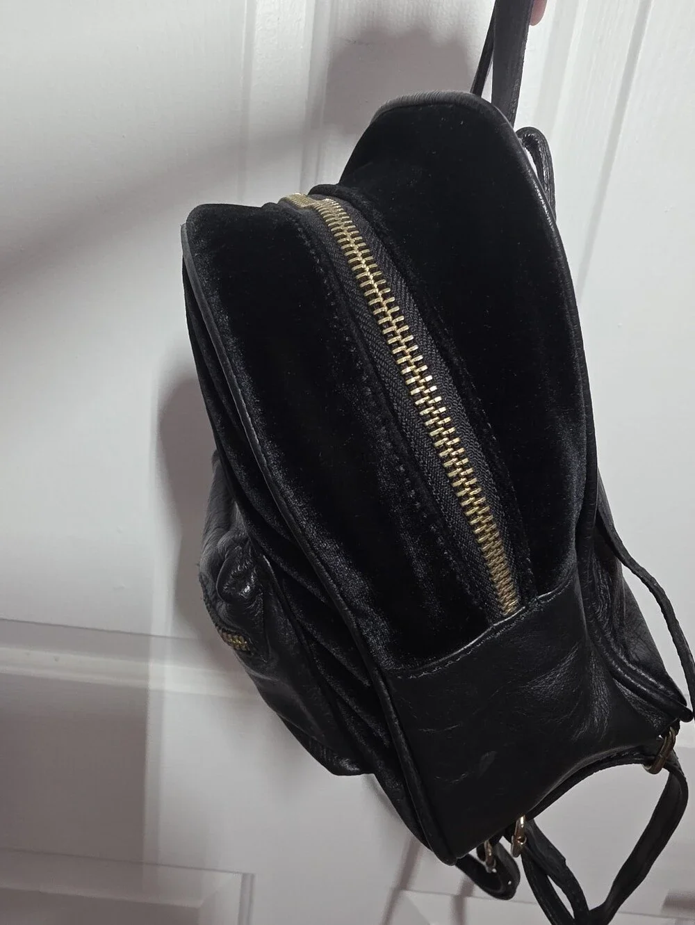 Designer Genuine Leather & Black Velvet Small Backpack